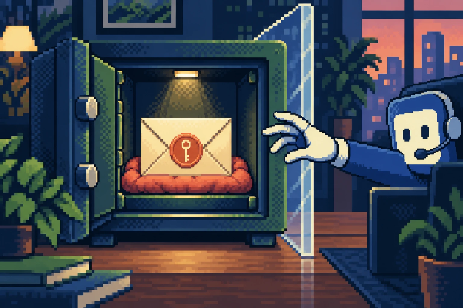 Pixel-art recovery envelope inside a safe with a divider blocking an unverified support hand