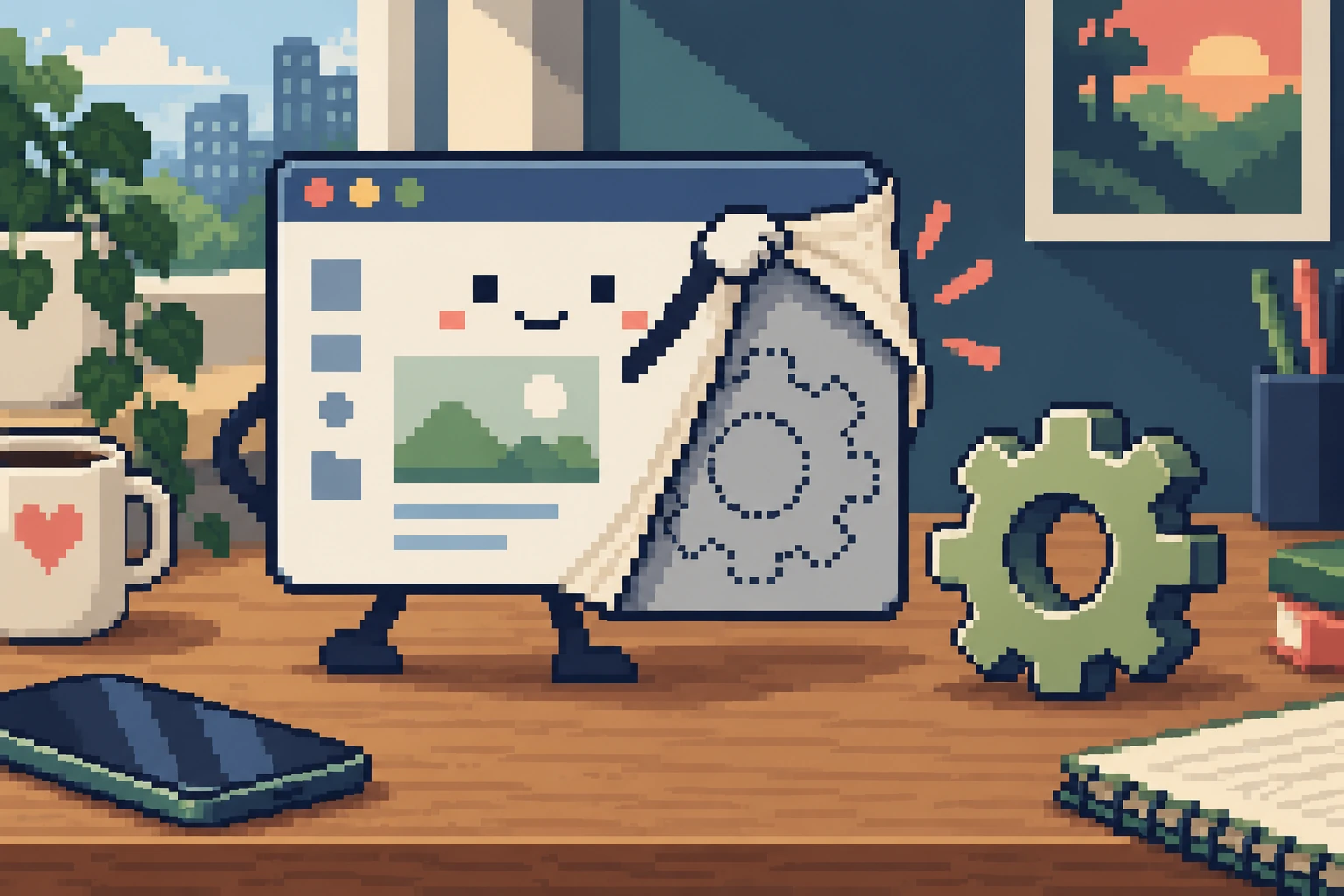 Pixel-art webpage costume peeling away beside a separate genuine settings cog