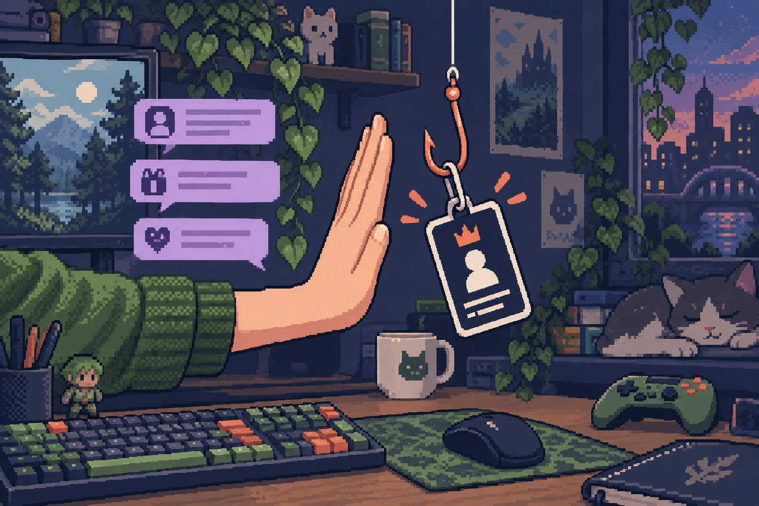 Pixel-art hand stopping a fake moderator badge on a hook beside a gaming desk