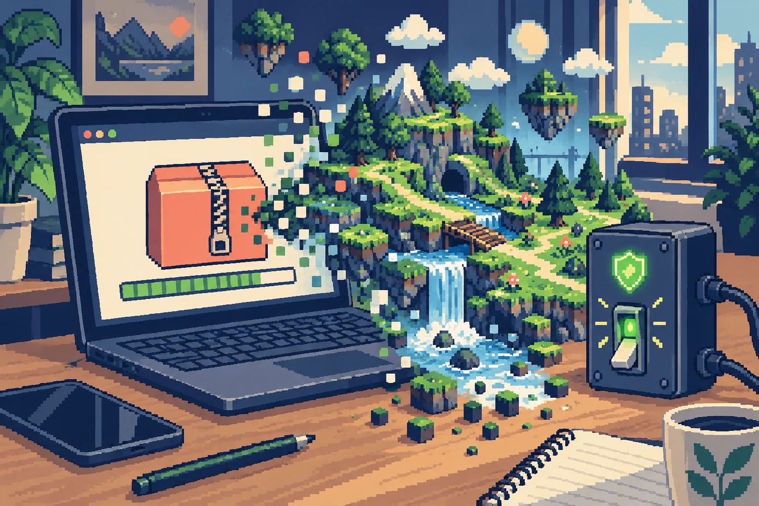 Pixel-art game world emerging from a download beside a security switch that remains on