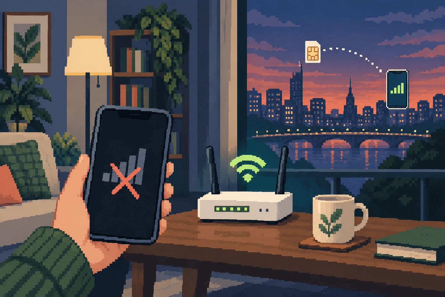 Pixel-art phone without mobile signal beside working home Wi-Fi and a distant second handset