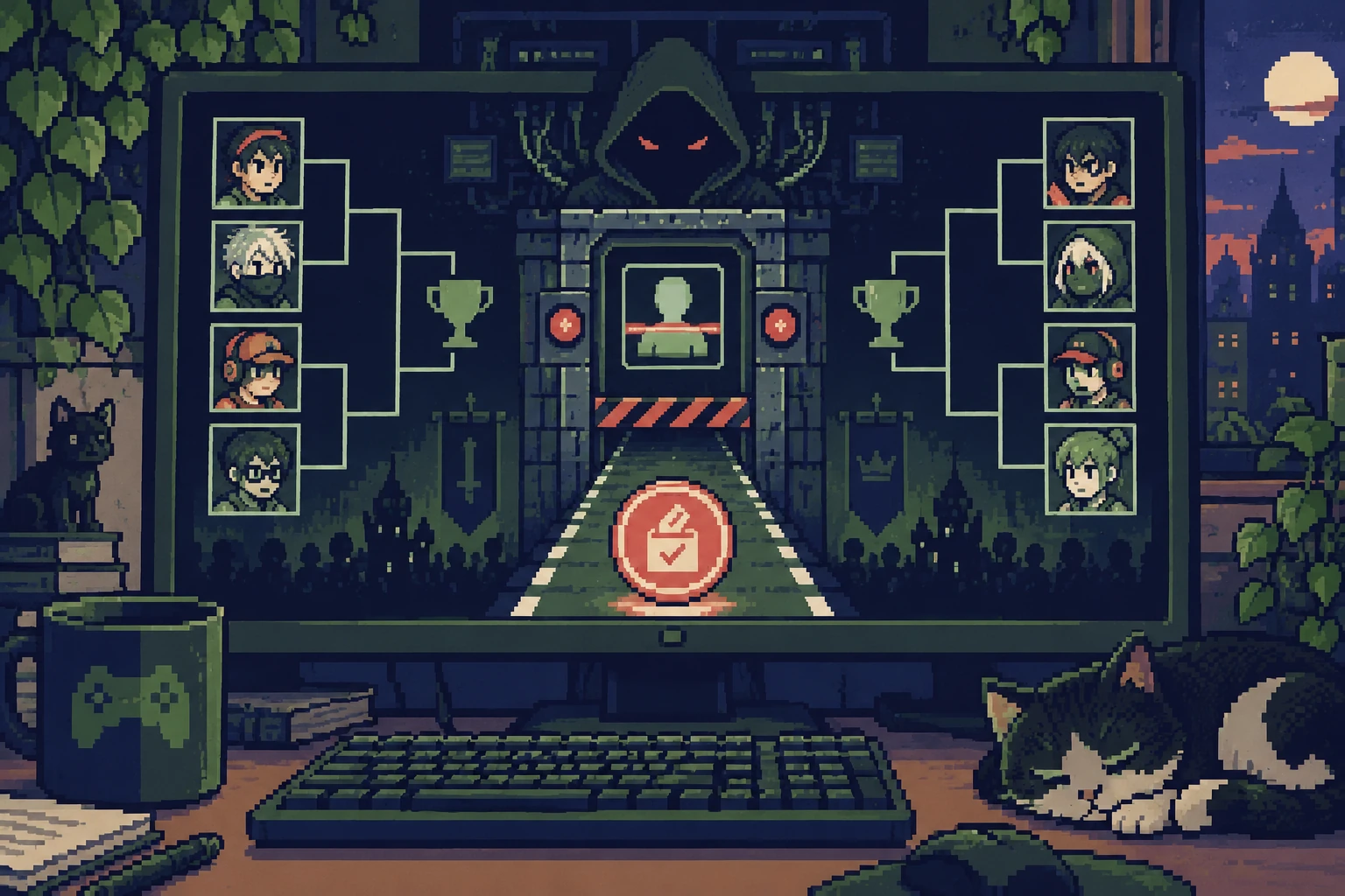 Pixel-art tournament bracket and voting token approaching a suspicious account gate