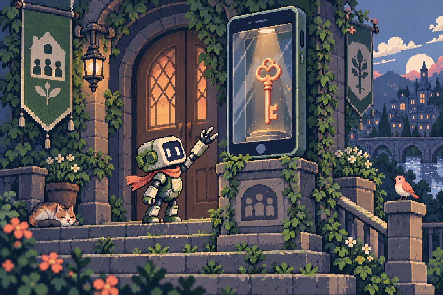 Pixel-art community robot reaching toward a key kept behind a phone-shaped glass barrier