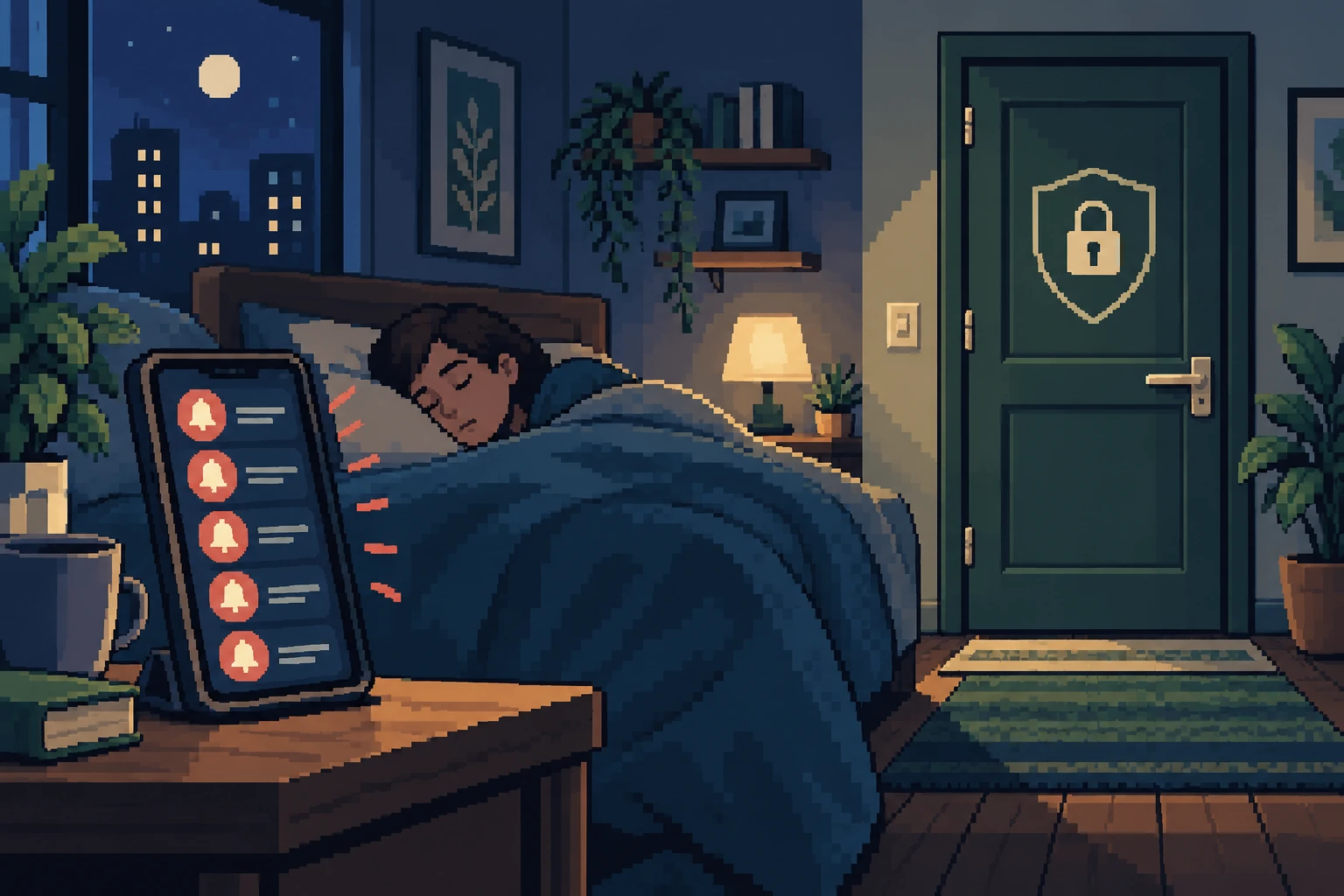 Pixel-art phone with repeated approval notifications beside a firmly closed bedroom door